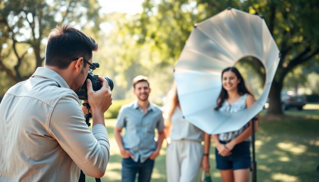 A professional photographer is positioned outdoors, adjusting a large silver reflector to capture natural light on a diverse group of four individuals in a casual team setting. The foreground shows the photographer, focused and intent, wearing a smart casual outfit. The middle ground features the group of four, dressed in coordinated, modest summer attire, smiling and engaged, as sunlight shines warmly upon them, highlighting their faces. The background includes a softly blurred park scene with shaded trees and greenery, enhancing the natural atmosphere. The lighting is bright yet soft, suggesting late afternoon, with sun rays filtered through the trees. A shallow depth of field creates a picturesque and inviting mood for a professional photo shoot, showcasing the effective use of reflectors.