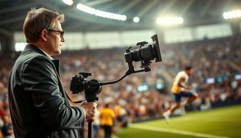 A professional sports photographer stands on the sidelines, intensely focused on capturing dynamic motion with a state-of-the-art panning gimbal head mounted on a sturdy monopod. The foreground features the photographer in smart, casual attire, expertly tracking an athlete mid-action during a fast-paced competition. The background is filled with blurred motion of the crowd and vibrant stadium lights, emphasizing the excitement of the event. The lighting is bright, with high contrast that enhances the colors of the athlete’s uniform. Captured with a wide-angle lens from a slightly low angle, the image conveys intense concentration and technical prowess, highlighting the precision of panning techniques in sports photography. The overall mood is energetic and immersive, reflecting the thrill of the sporting moment. A professional sports photographer stands on the sidelines, intensely focused on capturing dynamic motion with a state-of-the-art panning gimbal head mounted on a sturdy monopod. The foreground features the photographer in smart, casual attire, expertly tracking an athlete mid-action during a fast-paced competition. The background is filled with blurred motion of the crowd and vibrant stadium lights, emphasizing the excitement of the event. The lighting is bright, with high contrast that enhances the colors of the athlete’s uniform. Captured with a wide-angle lens from a slightly low angle, the image conveys intense concentration and technical prowess, highlighting the precision of panning techniques in sports photography. The overall mood is energetic and immersive, reflecting the thrill of the sporting moment.