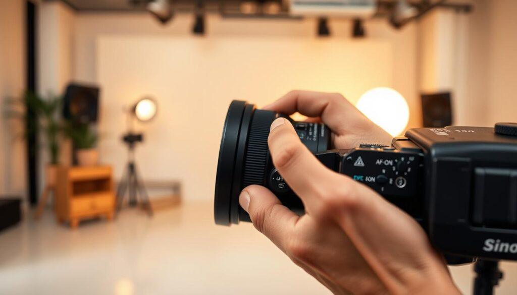 A sleek, modern camera interface displayed prominently in the foreground, showcasing customizable buttons labeled for crucial functions like AF-ON and Eye AF. The middle section features a hand adjusting these settings, with the individual dressed in professional business attire, demonstrating focus and intention. In the background, a softly blurred photography studio environment filled with neutral tones and subtle lighting to emphasize the camera controls. The scene is illuminated with warm, diffused light creating a professional and inviting atmosphere. The angle should capture the interaction with the settings, highlighting the precision of the configuration process, evoking a sense of efficiency and mastery in photography. A sleek, modern camera interface displayed prominently in the foreground, showcasing customizable buttons labeled for crucial functions like AF-ON and Eye AF. The middle section features a hand adjusting these settings, with the individual dressed in professional business attire, demonstrating focus and intention. In the background, a softly blurred photography studio environment filled with neutral tones and subtle lighting to emphasize the camera controls. The scene is illuminated with warm, diffused light creating a professional and inviting atmosphere. The angle should capture the interaction with the settings, highlighting the precision of the configuration process, evoking a sense of efficiency and mastery in photography.