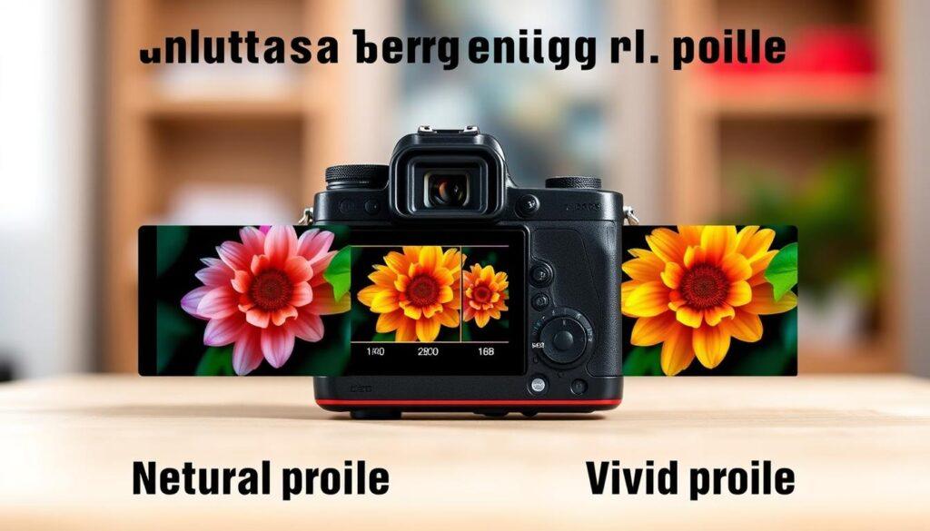 A split-screen image comparing two camera sharpening profiles: on the left, a neutral profile and on the right, a vivid profile. The foreground features a close-up of two colorful images showcasing the same subject—one with softer, muted colors and the other with bold, vibrant hues. In the middle ground, include a sleek camera body, with its LCD screen displaying a side-by-side comparison of the images. The background should softly blur, hinting at a photography studio with soft, diffused lighting that highlights the details. Use a shallow depth of field to focus on the images and the camera, creating an atmosphere of professionalism and precision, ideal for illustrating uniform accuracy in photographic styles. A split-screen image comparing two camera sharpening profiles: on the left, a neutral profile and on the right, a vivid profile. The foreground features a close-up of two colorful images showcasing the same subject—one with softer, muted colors and the other with bold, vibrant hues. In the middle ground, include a sleek camera body, with its LCD screen displaying a side-by-side comparison of the images. The background should softly blur, hinting at a photography studio with soft, diffused lighting that highlights the details. Use a shallow depth of field to focus on the images and the camera, creating an atmosphere of professionalism and precision, ideal for illustrating uniform accuracy in photographic styles.