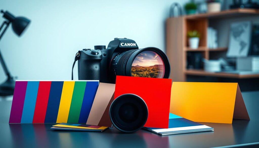 A vivid illustration of various color profiles displayed on a sleek, modern desk setup. In the foreground, several color swatches and profiles are artistically arranged, showcasing options like vibrant, muted, warm, and cool tones. The middle ground features a high-end camera equipped with a lens, capturing an image of a natural landscape with a clear sky and lush greenery, demonstrating the impact of different picture styles. Soft, diffused lighting illuminates the scene, creating a professional and inviting atmosphere. In the background, a blurred image of a well-organized workspace can be seen, hinting at a creative editing process. The overall mood is one of inspiration and professionalism, emphasizing the importance of color profiles in photography. A vivid illustration of various color profiles displayed on a sleek, modern desk setup. In the foreground, several color swatches and profiles are artistically arranged, showcasing options like vibrant, muted, warm, and cool tones. The middle ground features a high-end camera equipped with a lens, capturing an image of a natural landscape with a clear sky and lush greenery, demonstrating the impact of different picture styles. Soft, diffused lighting illuminates the scene, creating a professional and inviting atmosphere. In the background, a blurred image of a well-organized workspace can be seen, hinting at a creative editing process. The overall mood is one of inspiration and professionalism, emphasizing the importance of color profiles in photography.