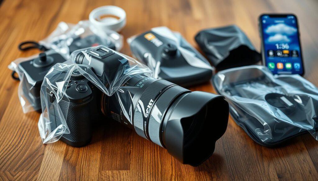 A well-organized toolkit for weatherproofing a camera on game day, featuring various rain covers spread out on a sturdy wooden table. In the foreground, a sleek, high-quality camera is partially covered by a translucent rain cover, showcasing the attention to detail in design. The middle section displays different styles of rain covers—some transparent, others patterned—each indicating versatility and protection against the elements. In the background, out-of-focus hints of a weather forecast on a phone screen, highlighting rain clouds, enhance the preparedness theme. The lighting is soft and natural, evoking a sense of calm readiness, with a shallow depth of field that softly blurs the background while keeping the camera and rain covers in sharp focus. The mood is practical and professional, perfect for photography enthusiasts preparing for unpredictable weather. A well-organized toolkit for weatherproofing a camera on game day, featuring various rain covers spread out on a sturdy wooden table. In the foreground, a sleek, high-quality camera is partially covered by a translucent rain cover, showcasing the attention to detail in design. The middle section displays different styles of rain covers—some transparent, others patterned—each indicating versatility and protection against the elements. In the background, out-of-focus hints of a weather forecast on a phone screen, highlighting rain clouds, enhance the preparedness theme. The lighting is soft and natural, evoking a sense of calm readiness, with a shallow depth of field that softly blurs the background while keeping the camera and rain covers in sharp focus. The mood is practical and professional, perfect for photography enthusiasts preparing for unpredictable weather.