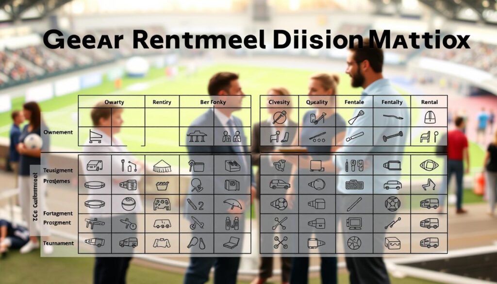 An intricate gear rental decision matrix designed for tournament planning, featuring a grid with distinct categories for equipment ownership versus rental options. In the foreground, illustrate a clear, organized matrix layout with icons representing various gear types, such as tents, chairs, and sport equipment. The middle ground showcases softly illuminated figures of diverse individuals in professional attire discussing the matrix, emphasizing collaboration and strategy. In the background, depict a subtle blur of a tournament environment, perhaps with sports fields or rental booths, creating a sense of context without overwhelming the main subject. Use soft, natural lighting to convey a professional yet engaging atmosphere, captured from a slightly elevated angle to emphasize the matrix's structure and the individuals' engagement with the content.