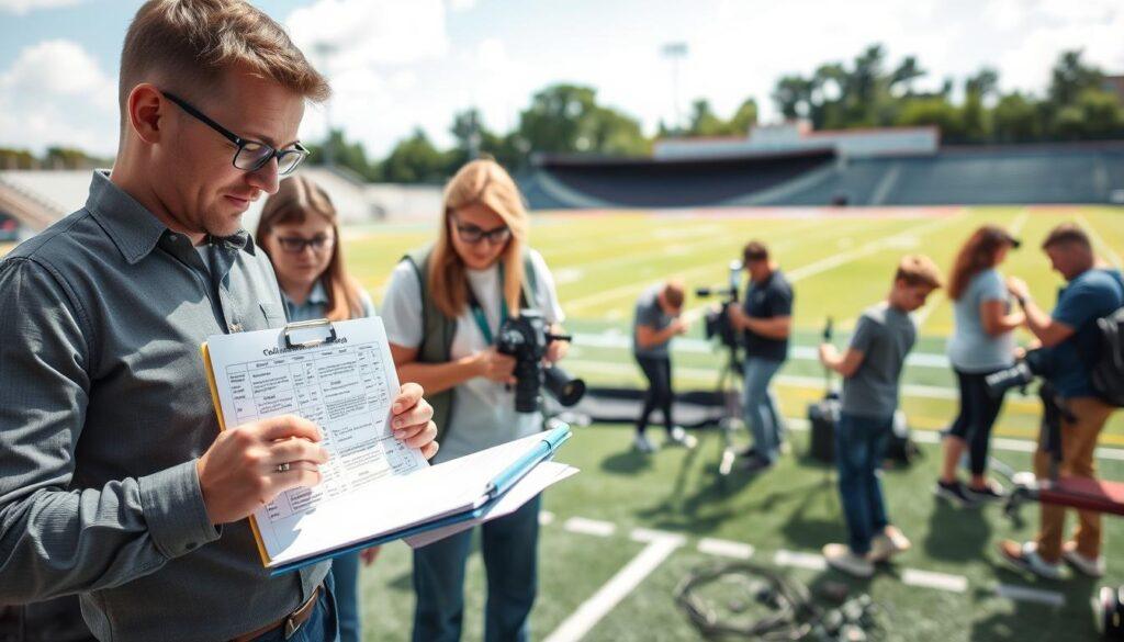A busy volunteer team preparing for photo day in a sports league setting. In the foreground, two volunteers in smart casual attire are organizing a clipboard with a detailed schedule and checking camera gear. The middle ground features additional volunteers setting up a backdrop and arranging equipment, conveying a sense of teamwork and enthusiasm. In the background, a vibrant sports field is visible, with bright blue skies and lush green grass, suggesting an upbeat atmosphere. Soft natural lighting bathes the scene, highlighting the determination and excitement of the volunteers. The composition captures a moment of collaboration, emphasizing roles and responsibilities, while maintaining a professional and inviting mood. A busy volunteer team preparing for photo day in a sports league setting. In the foreground, two volunteers in smart casual attire are organizing a clipboard with a detailed schedule and checking camera gear. The middle ground features additional volunteers setting up a backdrop and arranging equipment, conveying a sense of teamwork and enthusiasm. In the background, a vibrant sports field is visible, with bright blue skies and lush green grass, suggesting an upbeat atmosphere. Soft natural lighting bathes the scene, highlighting the determination and excitement of the volunteers. The composition captures a moment of collaboration, emphasizing roles and responsibilities, while maintaining a professional and inviting mood.