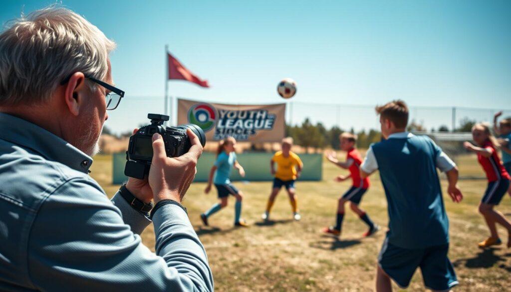 A dynamic scene of a professional sports photographer capturing action shots at a youth soccer game. In the foreground, the photographer, dressed in smart casual attire, is focused intently on the players. The middle ground features excited young athletes engaged in a lively match, showcasing athleticism and teamwork. A soccer ball is in mid-flight, adding to the action. In the background, a colorful banner with the youth league logo flutters in the breeze, under a clear blue sky. The lighting is bright and natural, creating vibrant colors and well-defined shadows. The atmosphere conveys enthusiasm and energy, emphasizing the importance of capturing these memorable moments through professional photography. A dynamic scene of a professional sports photographer capturing action shots at a youth soccer game. In the foreground, the photographer, dressed in smart casual attire, is focused intently on the players. The middle ground features excited young athletes engaged in a lively match, showcasing athleticism and teamwork. A soccer ball is in mid-flight, adding to the action. In the background, a colorful banner with the youth league logo flutters in the breeze, under a clear blue sky. The lighting is bright and natural, creating vibrant colors and well-defined shadows. The atmosphere conveys enthusiasm and energy, emphasizing the importance of capturing these memorable moments through professional photography.