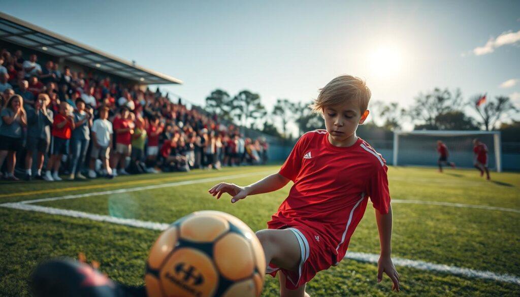 A dynamic sports action photograph capturing a youth athlete in motion during a thrilling soccer match. In the foreground, a young player in a vibrant team uniform, concentrating intensely as they prepare to kick the ball, their muscles tense with effort. Surround them with a blurred background of cheering spectators and teammates, emphasizing the excitement of the moment. The middle ground features the soccer field, vividly green and well-maintained, with goalposts visible in the distance. Soft, natural lighting from a late afternoon sun bathes the scene, casting long shadows and highlighting the athlete's determination. Use a low-angle perspective to create a sense of grandeur, drawing the viewer into the action and capturing the energy and spirit of youth sports.