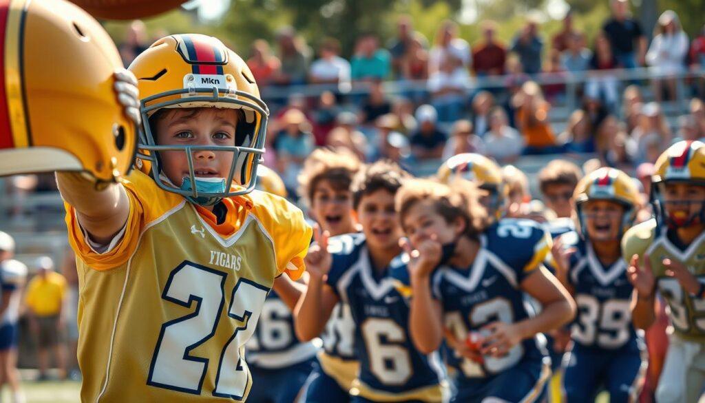 A dynamic sports scene showcasing youth athletes in the heat of competition, capturing raw emotion and effort. In the foreground, a young football player, clad in a vibrant jersey and helmet, is mid-play, sweat glistening on their brow as they leap for a catch, eyes wide with determination. Nearby, a teammate cheers, hands raised in excitement, their face lit with joy. The middle ground features a diverse group of athletes, each displaying intense expressions of focus and camaraderie, as a fierce game unfolds. In the background, a blurred crowd of engaged parents and friends captures the supportive atmosphere. The lighting is bright and natural, simulating late afternoon sun, casting dynamic shadows and enhancing the emotional intensity of the moment. The composition evokes a sense of urgency and passion, embodying the essence of youth sports.