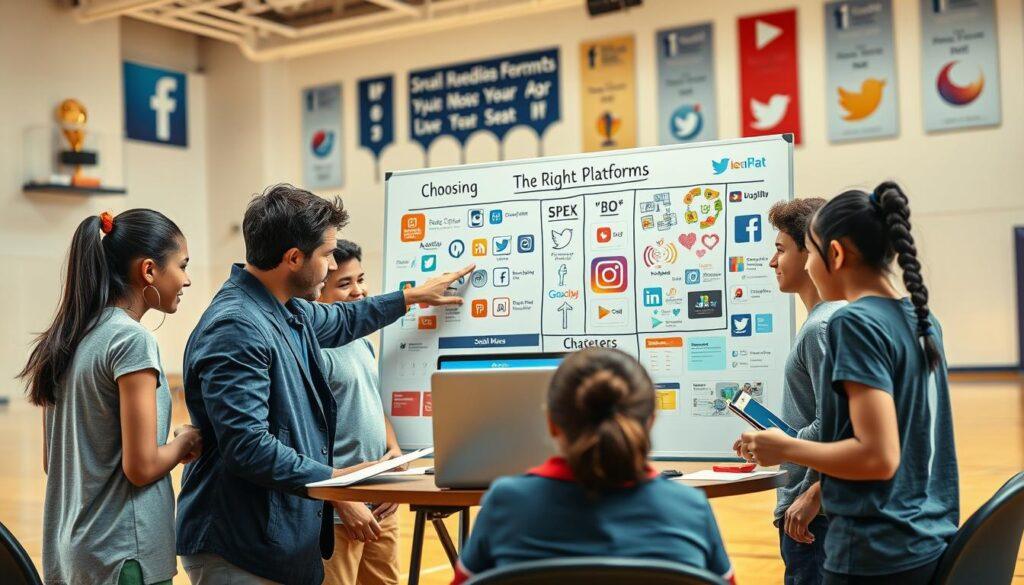 A lively and engaging scene depicting a diverse youth sports team gathered around a large, colorful brainstorming board covered with various social media logos and strategies. In the foreground, a coach in smart casual attire enthusiastically points to a section labeled "Choosing the Right Platforms," surrounded by players of different backgrounds taking notes and discussing ideas. In the middle ground, a modern laptop displays social media analytics, while bright posters showcasing popular platforms like Facebook, Instagram, and Twitter adorn the walls. The background features a well-lit sports facility atmosphere, with trophies and team banners enhancing the mood of ambition and teamwork. The lighting is warm and inviting, creating a motivational environment perfect for collaboration and strategy planning.