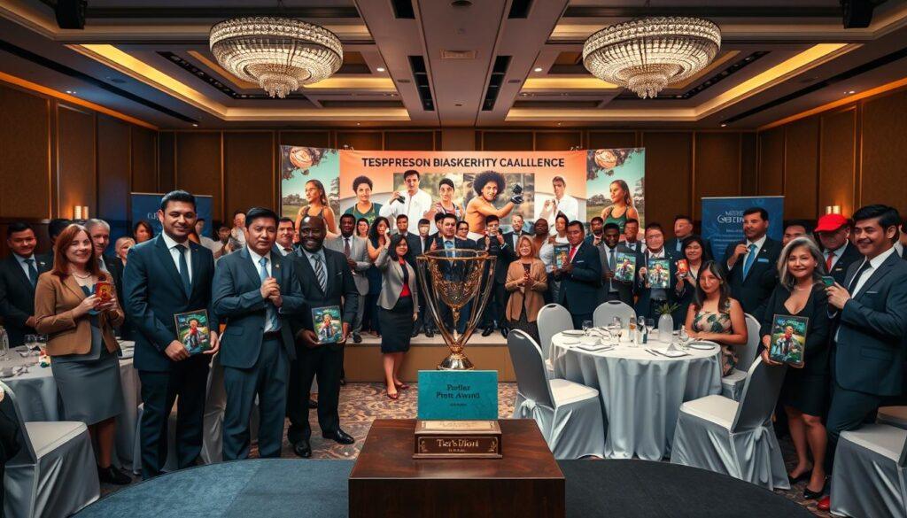 A lively customized sports awards ceremony scene, capturing a diverse group of well-dressed attendees in professional business attire, gathered around a beautifully decorated stage. In the foreground, a shiny trophy with an engraved plate glimmers under soft spotlights, surrounded by personalized photo awards featuring actions shots of athletes. The middle ground features a backdrop adorned with banners showcasing the sporting achievements, while elegantly arranged tables are filled with excited guests, some holding their awards with pride. The background features a dimly lit ballroom, enhancing the celebratory atmosphere with ambient lighting and colorful decorations. The image conveys a sense of excitement and accomplishment, inviting viewers into this festive celebration of sports excellence. A lively customized sports awards ceremony scene, capturing a diverse group of well-dressed attendees in professional business attire, gathered around a beautifully decorated stage. In the foreground, a shiny trophy with an engraved plate glimmers under soft spotlights, surrounded by personalized photo awards featuring actions shots of athletes. The middle ground features a backdrop adorned with banners showcasing the sporting achievements, while elegantly arranged tables are filled with excited guests, some holding their awards with pride. The background features a dimly lit ballroom, enhancing the celebratory atmosphere with ambient lighting and colorful decorations. The image conveys a sense of excitement and accomplishment, inviting viewers into this festive celebration of sports excellence.