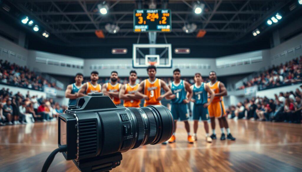A modern indoor sports arena, featuring a basketball team posing for a team shot under professional strobe lighting. In the foreground, the players, dressed in vibrant jerseys and modest athletic wear, stand confidently, showcasing their teamwork and camaraderie. The strobe lights create dramatic shadows and highlight the players' facial expressions and muscle definition. In the middle ground, a high-end camera with a wide-angle lens captures the scene from a low angle, emphasizing the players' stature. In the background, blurred spectators create an energetic atmosphere, while a sleek scoreboard adds context to the indoor sports setting. The overall mood is dynamic and focused, illustrating the technical finesse of professional photography in competitive sports. A modern indoor sports arena, featuring a basketball team posing for a team shot under professional strobe lighting. In the foreground, the players, dressed in vibrant jerseys and modest athletic wear, stand confidently, showcasing their teamwork and camaraderie. The strobe lights create dramatic shadows and highlight the players' facial expressions and muscle definition. In the middle ground, a high-end camera with a wide-angle lens captures the scene from a low angle, emphasizing the players' stature. In the background, blurred spectators create an energetic atmosphere, while a sleek scoreboard adds context to the indoor sports setting. The overall mood is dynamic and focused, illustrating the technical finesse of professional photography in competitive sports.