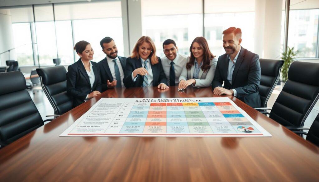 A professional business team gathered around a sleek conference table displaying a detailed sales rebate structure chart, illustrating various tiers of rebates, incentives, and photographs. In the foreground, a diverse group of four individuals clad in smart business attire, discussing the rebate plan enthusiastically, with one person pointing at the chart. In the middle ground, the chart contains colorful graphics and clear labels, set against a polished wood table. The background features a bright, modern office space with large windows allowing natural light to flood in, creating an inviting atmosphere. The image should be composed with a shallow depth of field, focusing sharply on the team while softly blurring the background for an immersive and professional look. The overall mood is dynamic and collaborative, emphasizing teamwork and strategy. A professional business team gathered around a sleek conference table displaying a detailed sales rebate structure chart, illustrating various tiers of rebates, incentives, and photographs. In the foreground, a diverse group of four individuals clad in smart business attire, discussing the rebate plan enthusiastically, with one person pointing at the chart. In the middle ground, the chart contains colorful graphics and clear labels, set against a polished wood table. The background features a bright, modern office space with large windows allowing natural light to flood in, creating an inviting atmosphere. The image should be composed with a shallow depth of field, focusing sharply on the team while softly blurring the background for an immersive and professional look. The overall mood is dynamic and collaborative, emphasizing teamwork and strategy.