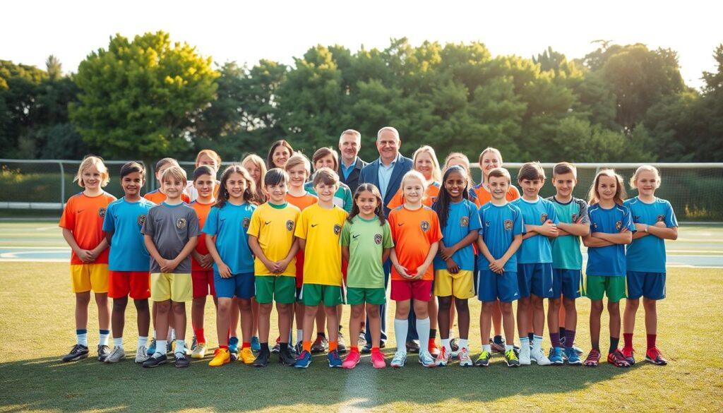 A professional team photo capturing a diverse group of youth sports players, aged 12-15, standing proudly on a well-maintained sports field. In the foreground, the players are arranged in two rows, wearing coordinated team uniforms in vibrant colors, each with matching athletic shoes. The middle ground features smiling parents and coaches standing behind the team, dressed in smart-casual attire, conveying pride and support. In the background, soft-focus green trees and the edge of a well-maintained playing field provide a vibrant environment. The scene is lit with warm, natural sunlight, creating a cheerful and uplifting atmosphere, with a slight lens flare for a dynamic touch. The angle is slightly elevated, showcasing the enthusiasm and camaraderie among the team. A professional team photo capturing a diverse group of youth sports players, aged 12-15, standing proudly on a well-maintained sports field. In the foreground, the players are arranged in two rows, wearing coordinated team uniforms in vibrant colors, each with matching athletic shoes. The middle ground features smiling parents and coaches standing behind the team, dressed in smart-casual attire, conveying pride and support. In the background, soft-focus green trees and the edge of a well-maintained playing field provide a vibrant environment. The scene is lit with warm, natural sunlight, creating a cheerful and uplifting atmosphere, with a slight lens flare for a dynamic touch. The angle is slightly elevated, showcasing the enthusiasm and camaraderie among the team.