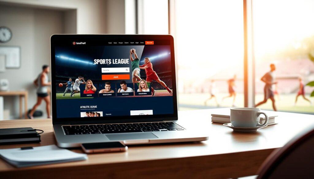 A sleek, modern sports league website design prominently displayed on a laptop screen in the foreground. The screen features vibrant, engaging graphics like registration buttons and athlete profiles, inviting users to join. In the middle ground, a well-organized desk showcases a smartphone and a cup of coffee, emphasizing a professional environment. The background subtly includes a blurred view of a bustling sports field with athletes in action, reflecting the league's dynamic spirit. The overall atmosphere is upbeat and motivational, enhanced by soft, natural lighting streaming in from a window, creating a warm and inviting workspace. The design showcases a user-friendly interface that captures the essence of community and participation.