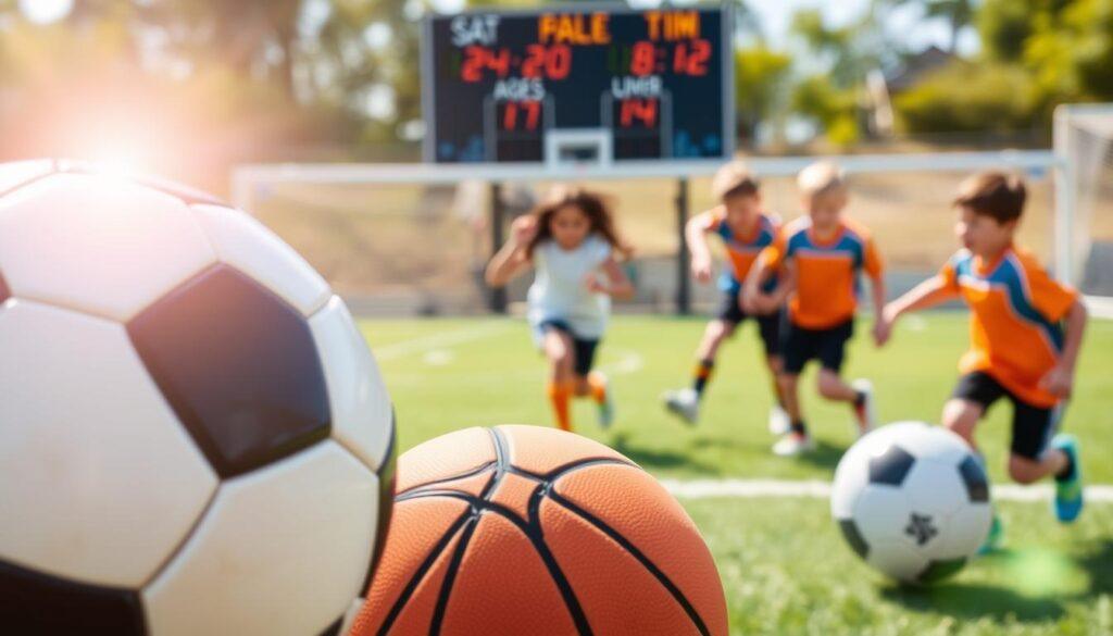 A vibrant and engaging youth sports promotion flyer design featuring a dynamic layout. In the foreground, include a stylized depiction of a soccer ball and a basketball, partially overlapped, showcasing the excitement of youth sports. In the middle, an energetic group of children (ages 8-12) in professional athletic attire playing soccer and basketball, expressing joy and teamwork. In the background, a blurred image of a local sports field and a digital scoreboard, creating a sense of action and community involvement. The lighting should be bright and cheerful, simulating a sunny day, with a slight lens flare effect to convey optimism. The overall atmosphere should inspire enthusiasm for local youth sports leagues, encouraging young athletes to participate.