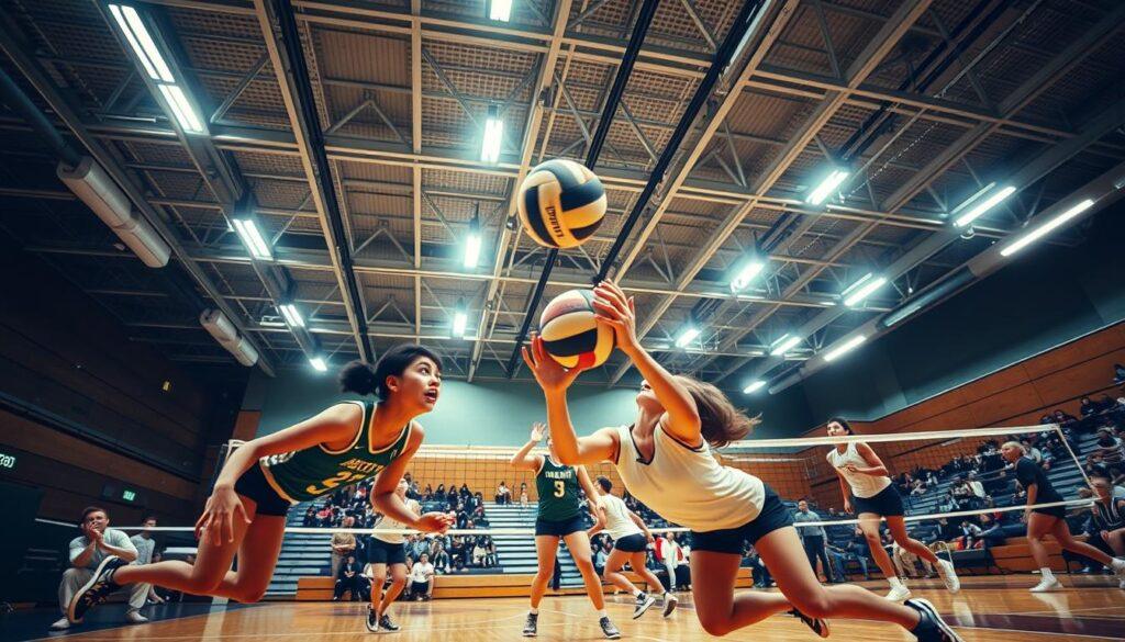 A vibrant indoor gym scene showcasing a volleyball match under harsh fluorescent lighting. In the foreground, a dynamic moment with athletes in modest sportswear diving for the ball, their expressions full of determination. The middle ground features a tense interaction between players, capturing the fluidity and energy of the game. The background reveals rows of bleachers with spectators, partially obscured to emphasize the action on the court. The stark, cool light from the fluorescent fixtures casts dramatic shadows, highlighting the players' movements and adding a sense of urgency. A wide-angle perspective, taken at knee height, enhances the intensity of the scene, immersing the viewer in the experience of indoor sports photography while reflecting the challenges posed by fluorescent lighting. A vibrant indoor gym scene showcasing a volleyball match under harsh fluorescent lighting. In the foreground, a dynamic moment with athletes in modest sportswear diving for the ball, their expressions full of determination. The middle ground features a tense interaction between players, capturing the fluidity and energy of the game. The background reveals rows of bleachers with spectators, partially obscured to emphasize the action on the court. The stark, cool light from the fluorescent fixtures casts dramatic shadows, highlighting the players' movements and adding a sense of urgency. A wide-angle perspective, taken at knee height, enhances the intensity of the scene, immersing the viewer in the experience of indoor sports photography while reflecting the challenges posed by fluorescent lighting.