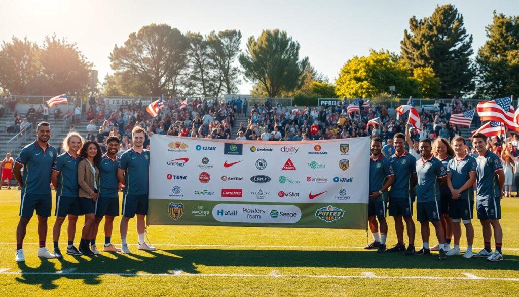 A vibrant outdoor sports field scene featuring a large, professionally designed team banner showcasing sponsorship logos. In the foreground, a diverse group of athletes in matching uniforms proudly pose beside the banner, all in professional attire, with smiles reflecting team spirit and pride. The middle ground highlights the banner itself, displaying bold colors, logos of various sponsors, and clear artistic elements representing teamwork. The background showcases a lively crowd of supporters, cheering and holding team flags, under a bright, sunny sky that enhances the joyful atmosphere. The lighting is warm and inviting, with the sun positioned at a 45-degree angle to create soft shadows, and a shallow depth of field to emphasize the team and the banner. A vibrant outdoor sports field scene featuring a large, professionally designed team banner showcasing sponsorship logos. In the foreground, a diverse group of athletes in matching uniforms proudly pose beside the banner, all in professional attire, with smiles reflecting team spirit and pride. The middle ground highlights the banner itself, displaying bold colors, logos of various sponsors, and clear artistic elements representing teamwork. The background showcases a lively crowd of supporters, cheering and holding team flags, under a bright, sunny sky that enhances the joyful atmosphere. The lighting is warm and inviting, with the sun positioned at a 45-degree angle to create soft shadows, and a shallow depth of field to emphasize the team and the banner.