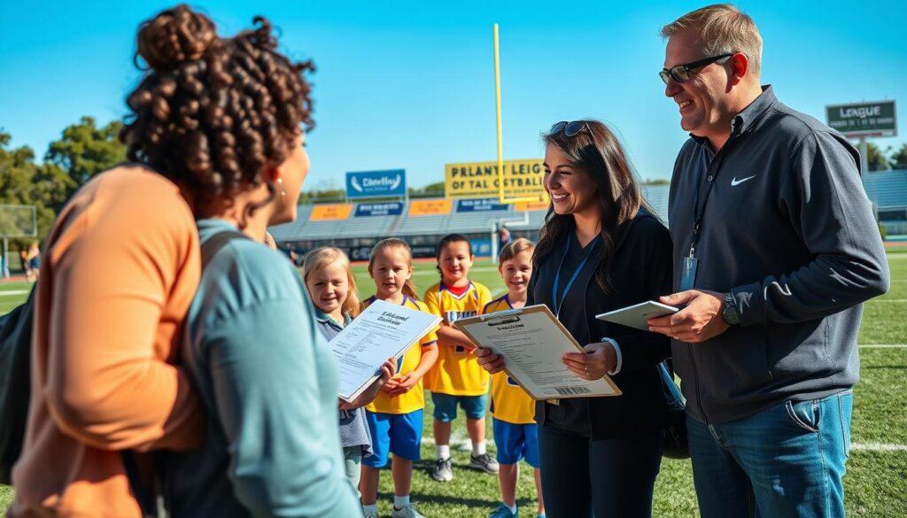 A vibrant sports field setting during picture day, capturing parents interacting with coaches and organizers. In the foreground, a diverse group of parents dressed in casual yet neat clothing, discussing schedules and photo details, showing positive engagement. In the middle ground, children in colorful team uniforms, excitedly waiting for their turn, while a friendly coach holds a clipboard and smiles. The background features a clear blue sky and well-maintained sports equipment, with colorful banners promoting the league. The scene is illuminated by soft, natural lighting, creating an inviting atmosphere that conveys warmth and community spirit. The angle is slightly elevated to encompass both the parents' conversations and the children's anticipation, showcasing the connection between them. A vibrant sports field setting during picture day, capturing parents interacting with coaches and organizers. In the foreground, a diverse group of parents dressed in casual yet neat clothing, discussing schedules and photo details, showing positive engagement. In the middle ground, children in colorful team uniforms, excitedly waiting for their turn, while a friendly coach holds a clipboard and smiles. The background features a clear blue sky and well-maintained sports equipment, with colorful banners promoting the league. The scene is illuminated by soft, natural lighting, creating an inviting atmosphere that conveys warmth and community spirit. The angle is slightly elevated to encompass both the parents' conversations and the children's anticipation, showcasing the connection between them.