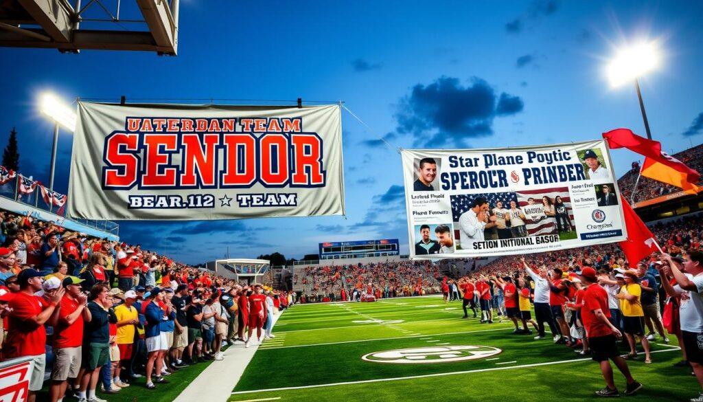 A vibrant sports venue showcasing two distinct types of senior banners, one celebrating a team and the other honoring an individual athlete. In the foreground, a large team banner hangs proudly, featuring bold colors, the team logo, and an array of player numbers. Beside it, a personalized banner highlights a star player, adorned with their name and achievements, surrounded by photos of memorable moments. In the middle ground, enthusiastic fans wearing team colors cheer and wave flags, creating an electric atmosphere. The background reveals a well-maintained field under bright stadium lights at dusk, casting a warm glow. The angle captures the essence of game day excitement, emphasizing the camaraderie and spirit of the crowd, evoking feelings of pride and celebration. The scene is lively, vibrant, and filled with an inspiring sense of community and support. A vibrant sports venue showcasing two distinct types of senior banners, one celebrating a team and the other honoring an individual athlete. In the foreground, a large team banner hangs proudly, featuring bold colors, the team logo, and an array of player numbers. Beside it, a personalized banner highlights a star player, adorned with their name and achievements, surrounded by photos of memorable moments. In the middle ground, enthusiastic fans wearing team colors cheer and wave flags, creating an electric atmosphere. The background reveals a well-maintained field under bright stadium lights at dusk, casting a warm glow. The angle captures the essence of game day excitement, emphasizing the camaraderie and spirit of the crowd, evoking feelings of pride and celebration. The scene is lively, vibrant, and filled with an inspiring sense of community and support.