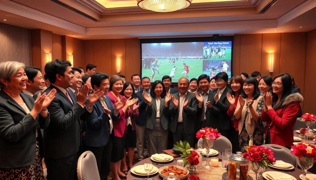 A vibrant team celebration scene during an end-of-season banquet, capturing a group of diverse people in professional and modest business attire, joyfully interacting and sharing slideshows on a large screen featuring highlights from their season. In the foreground, smiling team members are clapping and gesturing, their expressions reflecting happiness and camaraderie. The middle ground showcases a large projector displaying dynamic sports images, with colorful lights illuminating the room. The background reveals elegantly decorated tables with celebratory decorations, soft lighting creating a warm and inviting atmosphere. Use a wide-angle lens to emphasize the group dynamic, ensuring the scene is lively and engaging, evoking a sense of joy and achievement, perfect for celebrating success. A vibrant team celebration scene during an end-of-season banquet, capturing a group of diverse people in professional and modest business attire, joyfully interacting and sharing slideshows on a large screen featuring highlights from their season. In the foreground, smiling team members are clapping and gesturing, their expressions reflecting happiness and camaraderie. The middle ground showcases a large projector displaying dynamic sports images, with colorful lights illuminating the room. The background reveals elegantly decorated tables with celebratory decorations, soft lighting creating a warm and inviting atmosphere. Use a wide-angle lens to emphasize the group dynamic, ensuring the scene is lively and engaging, evoking a sense of joy and achievement, perfect for celebrating success.