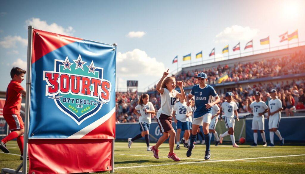 A vibrant youth sports signage design featuring bold colors and dynamic graphics, showcasing various sports such as soccer, basketball, and baseball in action poses. In the foreground, include an eye-catching banner displaying a team logo with engaging visual elements like stars and stripes. The middle ground highlights a celebratory scene of young athletes wearing professional game-day uniforms, engaging with the environment. In the background, depict a lively sports field filled with cheering spectators and colorful flags, under bright, natural sunlight. The overall mood conveys energy, enthusiasm, and a sense of community, capturing the spirit of competitive sports while emphasizing the importance of standout design elements in creating a memorable atmosphere. A vibrant youth sports signage design featuring bold colors and dynamic graphics, showcasing various sports such as soccer, basketball, and baseball in action poses. In the foreground, include an eye-catching banner displaying a team logo with engaging visual elements like stars and stripes. The middle ground highlights a celebratory scene of young athletes wearing professional game-day uniforms, engaging with the environment. In the background, depict a lively sports field filled with cheering spectators and colorful flags, under bright, natural sunlight. The overall mood conveys energy, enthusiasm, and a sense of community, capturing the spirit of competitive sports while emphasizing the importance of standout design elements in creating a memorable atmosphere.