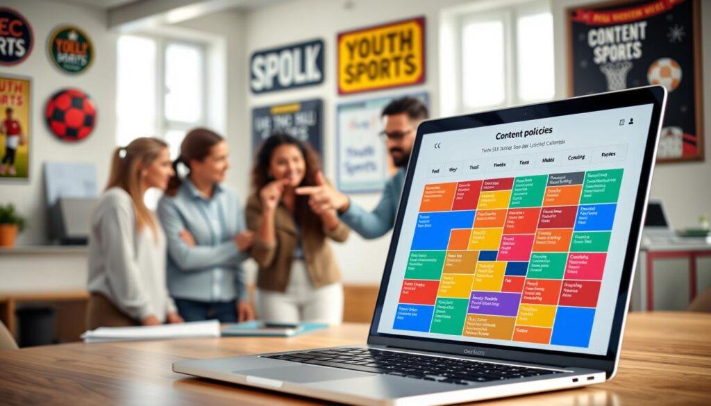 A visually engaging example of a social media policies content calendar, focusing on youth sports leagues. In the foreground, a well-organized digital calendar displayed on a sleek laptop screen, featuring colorful blocks representing different types of posts such as updates, game announcements, and community engagement activities. In the middle ground, a professional, diverse group of individuals in modest casual attire collaborate, pointing at the calendar and discussing ideas, exuding a sense of teamwork and enthusiasm. The background features a bright, inviting office space adorned with sports memorabilia and motivational posters related to youth sports. Soft natural lighting floods the scene, creating a positive and uplifting atmosphere, captured from a slightly elevated angle to provide depth and focus on the calendar.