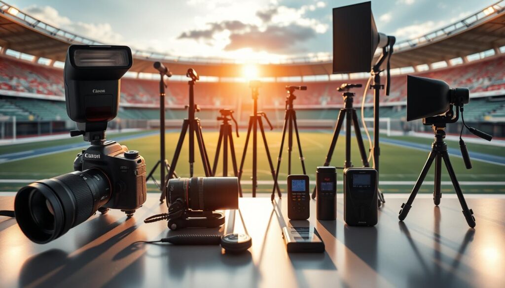 A well-arranged display of sports photography equipment on a sleek table forms the foreground, featuring a high-end DSLR camera with a long telephoto lens, a couple of external flash units, and a portable light reflector. In the middle, an array of neatly organized tripods in various sizes and a digital light meter are positioned, showcasing versatility for different sports scenarios. The background depicts a vibrant sports field under natural daylight, with a hint of warm sunset glow illuminating the scene, creating a dynamic mood. Soft shadows cast by the equipment enhance the three-dimensionality of the image. The atmosphere is professional and energetic, highlighting the essential tools and lighting capabilities that a sports photographer employs to capture dynamic action shots. A well-arranged display of sports photography equipment on a sleek table forms the foreground, featuring a high-end DSLR camera with a long telephoto lens, a couple of external flash units, and a portable light reflector. In the middle, an array of neatly organized tripods in various sizes and a digital light meter are positioned, showcasing versatility for different sports scenarios. The background depicts a vibrant sports field under natural daylight, with a hint of warm sunset glow illuminating the scene, creating a dynamic mood. Soft shadows cast by the equipment enhance the three-dimensionality of the image. The atmosphere is professional and energetic, highlighting the essential tools and lighting capabilities that a sports photographer employs to capture dynamic action shots.