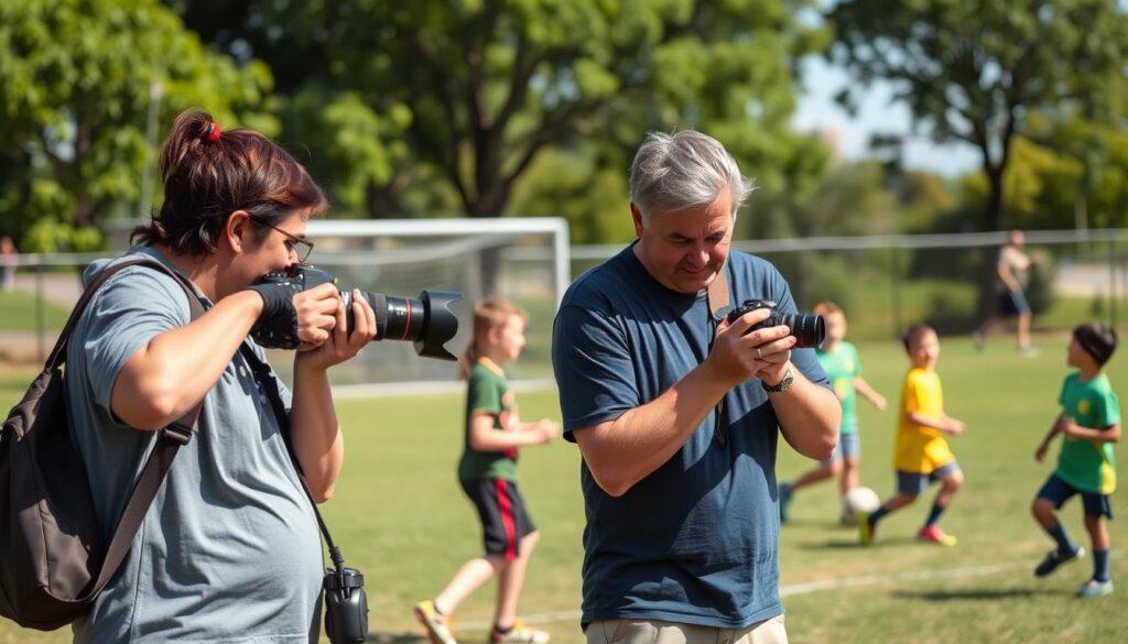 A lively outdoor scene featuring parent volunteer photographers capturing action shots at a youth sports league event. In the foreground, two parents in modest casual clothing, one holding a DSLR camera, the other adjusting settings on a mirrorless camera, both focused and engaged in their work. The middle ground showcases children playing a dynamic soccer game, with bright jerseys and enthusiastic expressions, creating a sense of motion. In the background, green trees and a clear blue sky enhance the cheerful atmosphere. Soft, natural lighting bathes the scene, illuminating the parents and children while creating gentle shadows. The overall mood is warm and inviting, capturing the spirit of community and passion for youth sports photography. A lively outdoor scene featuring parent volunteer photographers capturing action shots at a youth sports league event. In the foreground, two parents in modest casual clothing, one holding a DSLR camera, the other adjusting settings on a mirrorless camera, both focused and engaged in their work. The middle ground showcases children playing a dynamic soccer game, with bright jerseys and enthusiastic expressions, creating a sense of motion. In the background, green trees and a clear blue sky enhance the cheerful atmosphere. Soft, natural lighting bathes the scene, illuminating the parents and children while creating gentle shadows. The overall mood is warm and inviting, capturing the spirit of community and passion for youth sports photography.