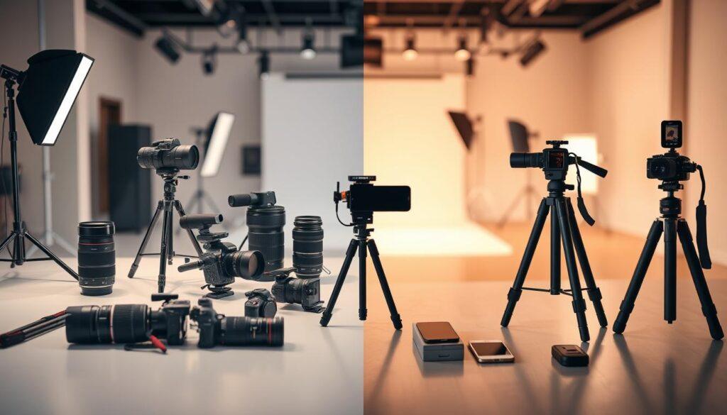 A split image showcasing professional photography equipment on one side and amateur gear on the other. In the foreground, display an array of high-end professional cameras with large lenses, tripods, and lighting kits, elegantly arranged on a sleek surface. On the amateur side, feature compact cameras, smartphones, and a simple tripod. The middle ground should have a blurred backdrop of a photography studio environment, with soft lighting that highlights the contrast between the two setups. Create a mood of expertise and sophistication on the professional side, while the amateur side should evoke a sense of casual enthusiasm. Use a warm color palette to enhance the inviting atmosphere, ensuring a clear distinction between the worlds of professional and amateur photography. A split image showcasing professional photography equipment on one side and amateur gear on the other. In the foreground, display an array of high-end professional cameras with large lenses, tripods, and lighting kits, elegantly arranged on a sleek surface. On the amateur side, feature compact cameras, smartphones, and a simple tripod. The middle ground should have a blurred backdrop of a photography studio environment, with soft lighting that highlights the contrast between the two setups. Create a mood of expertise and sophistication on the professional side, while the amateur side should evoke a sense of casual enthusiasm. Use a warm color palette to enhance the inviting atmosphere, ensuring a clear distinction between the worlds of professional and amateur photography.