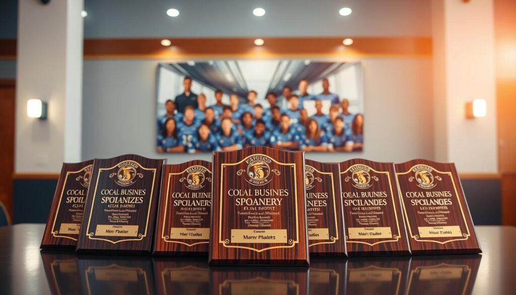 A beautifully arranged display of sponsor plaques in a well-lit sports photography setting. In the foreground, several polished wooden plaques are prominently featured, each engraved with gold lettering that showcases local business names surrounded by intricate border designs. The plaques are artistically arranged on a sleek, dark table. In the middle ground, a high-quality team photo hangs on the wall, showcasing a diverse group of players, all dressed in their professional sports attire, proudly smiling. The background features soft, blurred lighting effects that create a warm, inviting atmosphere, hinting at a celebratory ambiance in a sports facility. The image is captured from a slightly angled perspective to add depth, using a focus lens that highlights the details of the plaques while softly blurring the surroundings. A beautifully arranged display of sponsor plaques in a well-lit sports photography setting. In the foreground, several polished wooden plaques are prominently featured, each engraved with gold lettering that showcases local business names surrounded by intricate border designs. The plaques are artistically arranged on a sleek, dark table. In the middle ground, a high-quality team photo hangs on the wall, showcasing a diverse group of players, all dressed in their professional sports attire, proudly smiling. The background features soft, blurred lighting effects that create a warm, inviting atmosphere, hinting at a celebratory ambiance in a sports facility. The image is captured from a slightly angled perspective to add depth, using a focus lens that highlights the details of the plaques while softly blurring the surroundings.