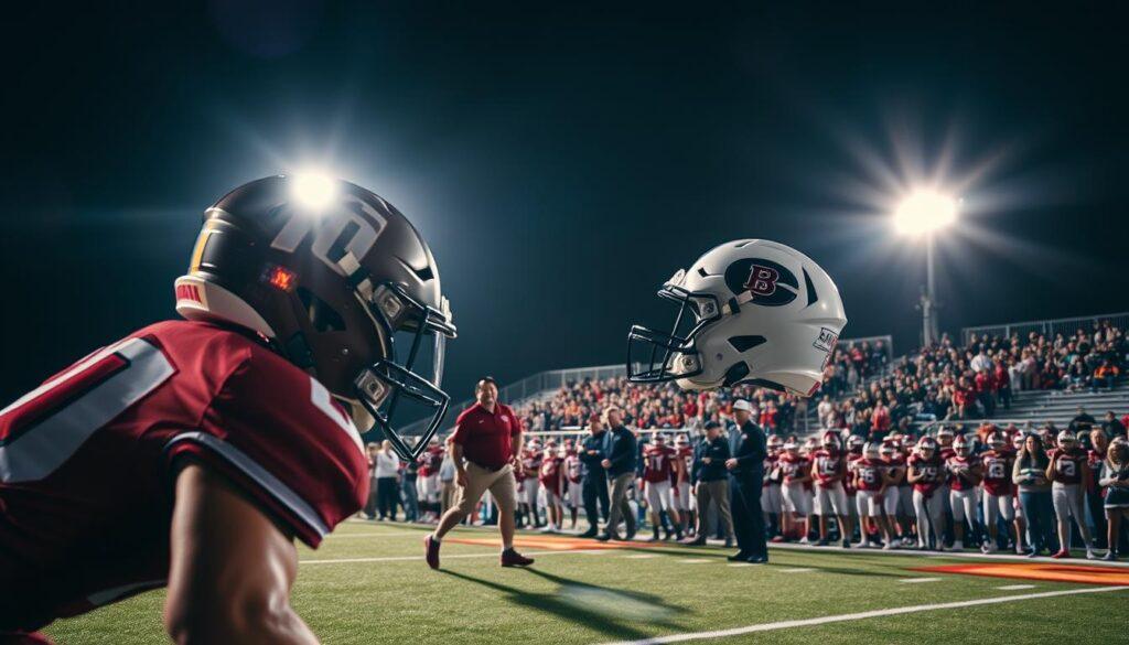 A dynamic football scene under the vibrant glow of stadium lights on a Friday night. In the foreground, focus on two players engaged in a thrilling moment, their helmets reflecting the bright lights, showcasing the intricate designs and team logos. Shadows play dramatically on the field, creating a sense of depth and movement. The middle ground features coaches and team members on the sidelines, intensely focused and clad in team jackets, capturing the atmosphere of camaraderie. The background reveals a packed stadium, with fans cheering, their enthusiasm palpable. Use a shallow depth of field to emphasize the players, while ambient lighting creates a warm and exciting mood, highlighting the unique challenges of capturing football photography at night. A dynamic football scene under the vibrant glow of stadium lights on a Friday night. In the foreground, focus on two players engaged in a thrilling moment, their helmets reflecting the bright lights, showcasing the intricate designs and team logos. Shadows play dramatically on the field, creating a sense of depth and movement. The middle ground features coaches and team members on the sidelines, intensely focused and clad in team jackets, capturing the atmosphere of camaraderie. The background reveals a packed stadium, with fans cheering, their enthusiasm palpable. Use a shallow depth of field to emphasize the players, while ambient lighting creates a warm and exciting mood, highlighting the unique challenges of capturing football photography at night.