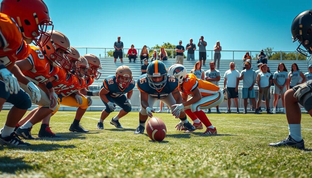 A dynamic youth football scene capturing a tense moment at the line of scrimmage, with players in vibrant team uniforms focused intensely on the play. In the foreground, a diverse group of young athletes, wearing helmets and padding, faces off in a determined stance. The middle ground shows a shifting offensive line and a poised quarterback ready to launch the ball, while in the background, enthusiastic teammates cheer from the sidelines in modest casual clothing. The lighting is bright and sunny, casting defined shadows that emphasize the players' athleticism. The image is shot from a low angle, enhancing the intensity of the action, conveying a mood of excitement and teamwork, making it perfect for illustrating youth football photography techniques. A dynamic youth football scene capturing a tense moment at the line of scrimmage, with players in vibrant team uniforms focused intensely on the play. In the foreground, a diverse group of young athletes, wearing helmets and padding, faces off in a determined stance. The middle ground shows a shifting offensive line and a poised quarterback ready to launch the ball, while in the background, enthusiastic teammates cheer from the sidelines in modest casual clothing. The lighting is bright and sunny, casting defined shadows that emphasize the players' athleticism. The image is shot from a low angle, enhancing the intensity of the action, conveying a mood of excitement and teamwork, making it perfect for illustrating youth football photography techniques.