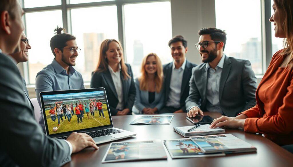 A professional business meeting scene highlighting local business sponsorship in the context of sports photography. In the foreground, a diverse group of five individuals in professional attire are engaged in animated discussion, showcasing a laptop displaying vibrant photographs of a local sports event. The middle ground reveals a table with printed sponsorship packages, featuring high-quality images of athletes wearing branded apparel. In the background, a softly lit window reveals an urban skyline, creating a dynamic yet professional atmosphere. The lighting is warm and inviting, casting a glow on the subjects, while a shallow depth of field focuses on the people and materials in the foreground. The mood is collaborative, emphasizing the potential for community engagement and business growth through effective sponsorship. A professional business meeting scene highlighting local business sponsorship in the context of sports photography. In the foreground, a diverse group of five individuals in professional attire are engaged in animated discussion, showcasing a laptop displaying vibrant photographs of a local sports event. The middle ground reveals a table with printed sponsorship packages, featuring high-quality images of athletes wearing branded apparel. In the background, a softly lit window reveals an urban skyline, creating a dynamic yet professional atmosphere. The lighting is warm and inviting, casting a glow on the subjects, while a shallow depth of field focuses on the people and materials in the foreground. The mood is collaborative, emphasizing the potential for community engagement and business growth through effective sponsorship.