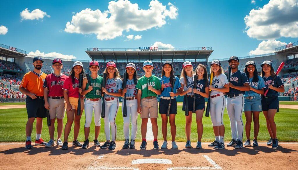 A vibrant baseball team picture set in a well-lit outdoor stadium. In the foreground, a diverse group of 12 cheerful players, both male and female, are proudly standing in professional sports attire, with colorful jerseys, caps, and modest shorts. They hold their bats and gloves, showcasing a range of equipment, such as brand logos and personalization on their gear. The middle ground features a well-manicured field, marked with white chalk lines, and a backdrop of a bright blue sky dotted with fluffy clouds. In the background, a cheering crowd can be seen in the stands, adding to the lively atmosphere. The lighting is natural and warm, promoting a sense of camaraderie and excitement, emphasizing the importance of teamwork in youth sports. The perspective is a slight low-angle shot, highlighting the players’ enthusiasm and pride in their team. A vibrant baseball team picture set in a well-lit outdoor stadium. In the foreground, a diverse group of 12 cheerful players, both male and female, are proudly standing in professional sports attire, with colorful jerseys, caps, and modest shorts. They hold their bats and gloves, showcasing a range of equipment, such as brand logos and personalization on their gear. The middle ground features a well-manicured field, marked with white chalk lines, and a backdrop of a bright blue sky dotted with fluffy clouds. In the background, a cheering crowd can be seen in the stands, adding to the lively atmosphere. The lighting is natural and warm, promoting a sense of camaraderie and excitement, emphasizing the importance of teamwork in youth sports. The perspective is a slight low-angle shot, highlighting the players’ enthusiasm and pride in their team.