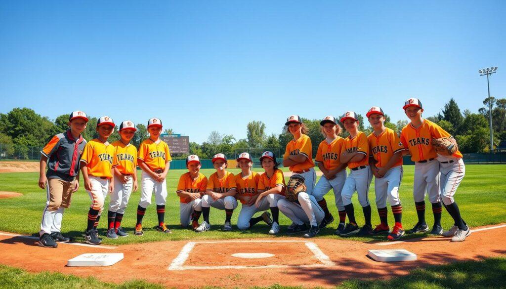 A vibrant baseball team picture set on a sunny field, showcasing a diverse group of young players in bright uniforms. In the foreground, players are posed dynamically, smiling and exuding team spirit, with a mix of boys and girls wearing sporty caps and jerseys. The middle ground features a lush green playing field, with bases and home plate visible, and team banners fluttering gently in the breeze. In the background, a clear blue sky enhances the cheerful atmosphere, while distant trees frame the scene. The lighting is bright and natural, casting soft shadows and highlighting the players’ expressions. Capture this moment at an eye-catching angle that emphasizes both the team and the vibrant surroundings, evoking a sense of excitement and camaraderie in youth sports. A vibrant baseball team picture set on a sunny field, showcasing a diverse group of young players in bright uniforms. In the foreground, players are posed dynamically, smiling and exuding team spirit, with a mix of boys and girls wearing sporty caps and jerseys. The middle ground features a lush green playing field, with bases and home plate visible, and team banners fluttering gently in the breeze. In the background, a clear blue sky enhances the cheerful atmosphere, while distant trees frame the scene. The lighting is bright and natural, casting soft shadows and highlighting the players’ expressions. Capture this moment at an eye-catching angle that emphasizes both the team and the vibrant surroundings, evoking a sense of excitement and camaraderie in youth sports.