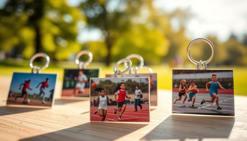 A close-up shot of vibrant photo keychains, featuring dynamic images of youth athletes in action. The keychains are displayed on a light wooden surface, with each keychain capturing a unique moment in sports such as soccer, basketball, and track. In the foreground, the keychains glisten, reflecting soft, natural light. The middle layer showcases a blurred background of a sunny park setting, evoking a sense of youth and activity. Bright greenery and soft bokeh create a warm, inviting atmosphere. This composition emphasizes the personal connection of sports memorabilia while highlighting the digital aspect of moments captured. Use a shallow depth of field for a professional look, with a focus on the keychains that creates a sense of nostalgia and celebration of youth sports. A close-up shot of vibrant photo keychains, featuring dynamic images of youth athletes in action. The keychains are displayed on a light wooden surface, with each keychain capturing a unique moment in sports such as soccer, basketball, and track. In the foreground, the keychains glisten, reflecting soft, natural light. The middle layer showcases a blurred background of a sunny park setting, evoking a sense of youth and activity. Bright greenery and soft bokeh create a warm, inviting atmosphere. This composition emphasizes the personal connection of sports memorabilia while highlighting the digital aspect of moments captured. Use a shallow depth of field for a professional look, with a focus on the keychains that creates a sense of nostalgia and celebration of youth sports.
