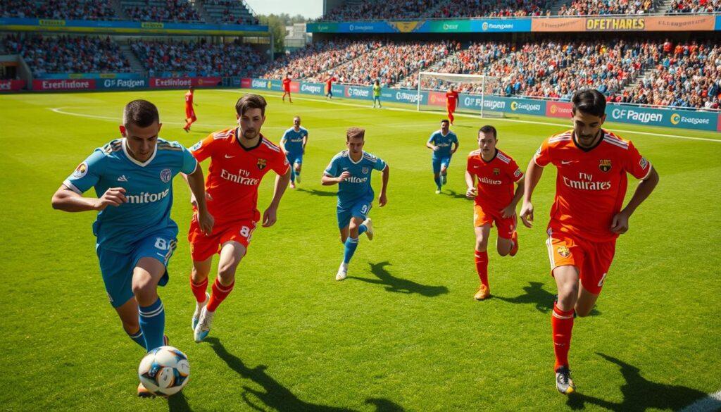 A dynamic soccer match captured from an elevated angle, showcasing the expansive green field with players in vibrant, coordinated soccer kits running at full speed. In the foreground, two players are skillfully maneuvering the ball, their intense expressions reflecting concentration and determination. The middle ground features teammates and opponents in action, some strategizing and others engaged in a chase, all amidst a flurry of movement. The background highlights a cheering crowd with colorful banners, enhancing the electric atmosphere of the game. The lighting is bright and natural, simulating a midday match, with sharp shadows that define the players’ physiques. The overall mood is exhilarating, encapsulating the thrill and energy of a professional soccer match. Capture the moment with a wide-angle lens for a sense of depth and movement. A dynamic soccer match captured from an elevated angle, showcasing the expansive green field with players in vibrant, coordinated soccer kits running at full speed. In the foreground, two players are skillfully maneuvering the ball, their intense expressions reflecting concentration and determination. The middle ground features teammates and opponents in action, some strategizing and others engaged in a chase, all amidst a flurry of movement. The background highlights a cheering crowd with colorful banners, enhancing the electric atmosphere of the game. The lighting is bright and natural, simulating a midday match, with sharp shadows that define the players’ physiques. The overall mood is exhilarating, encapsulating the thrill and energy of a professional soccer match. Capture the moment with a wide-angle lens for a sense of depth and movement.