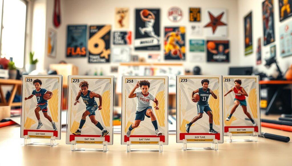 A vibrant and dynamic scene showcasing custom sports trading cards designed for youth athletes. In the foreground, several uniquely designed trading cards feature diverse young athletes in action poses, wearing modern sports uniforms. The middle ground includes a stylish workstation cluttered with art supplies, showcasing sketches and designs, hinting at the creative process behind the cards. In the background, a bright, well-lit room reflects a sports theme, adorned with posters and memorabilia. Soft, natural light illuminates the workspace, giving it an inviting atmosphere. The image captures a sense of excitement and creativity, with a slightly angled perspective to emphasize the detailed designs on the cards. The mood is inspiring and energetic, ideal for youth empowerment and sports enthusiasm. A vibrant and dynamic scene showcasing custom sports trading cards designed for youth athletes. In the foreground, several uniquely designed trading cards feature diverse young athletes in action poses, wearing modern sports uniforms. The middle ground includes a stylish workstation cluttered with art supplies, showcasing sketches and designs, hinting at the creative process behind the cards. In the background, a bright, well-lit room reflects a sports theme, adorned with posters and memorabilia. Soft, natural light illuminates the workspace, giving it an inviting atmosphere. The image captures a sense of excitement and creativity, with a slightly angled perspective to emphasize the detailed designs on the cards. The mood is inspiring and energetic, ideal for youth empowerment and sports enthusiasm.
