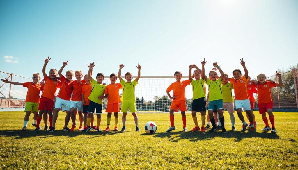 A vibrant youth soccer team portrait, capturing a group of excited young players aged 10-14, arranged in energetic poses on the soccer field. In the foreground, the players are dressed in bright, coordinated jerseys and shorts, displaying their team spirit. The middle ground features a lush green field adorned with a goal post and colorful corner flags, while the background shows a cloudless blue sky. The scene is illuminated by warm, late afternoon sunlight, casting soft shadows that enhance the dynamic atmosphere. A shallow depth of field emphasizes the players, while the angle is slightly elevated, providing a comprehensive view of the team’s unity and enthusiasm. The mood is joyful, reflecting camaraderie and passion for the game. A vibrant youth soccer team portrait, capturing a group of excited young players aged 10-14, arranged in energetic poses on the soccer field. In the foreground, the players are dressed in bright, coordinated jerseys and shorts, displaying their team spirit. The middle ground features a lush green field adorned with a goal post and colorful corner flags, while the background shows a cloudless blue sky. The scene is illuminated by warm, late afternoon sunlight, casting soft shadows that enhance the dynamic atmosphere. A shallow depth of field emphasizes the players, while the angle is slightly elevated, providing a comprehensive view of the team’s unity and enthusiasm. The mood is joyful, reflecting camaraderie and passion for the game.