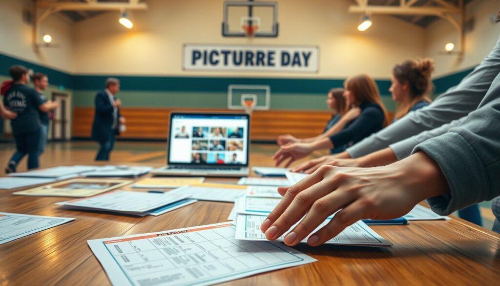 A close-up scene of a wooden table covered with colorful, neatly arranged order forms for a youth sports league picture day. In the foreground, a few hands of parents, dressed in smart casual clothing, reaching towards the forms, looking excited. The middle ground features a laptop displaying an online order platform, with digital photos and options visible on the screen. Background elements include a soft-focus gymnasium with a banner indicating picture day, bathed in warm, inviting lighting from overhead lamps. The atmosphere is lively and communicative, capturing the essence of community and organized parent participation. Use a shallow depth of field to emphasize the forms and hands, while keeping the background slightly blurred.
