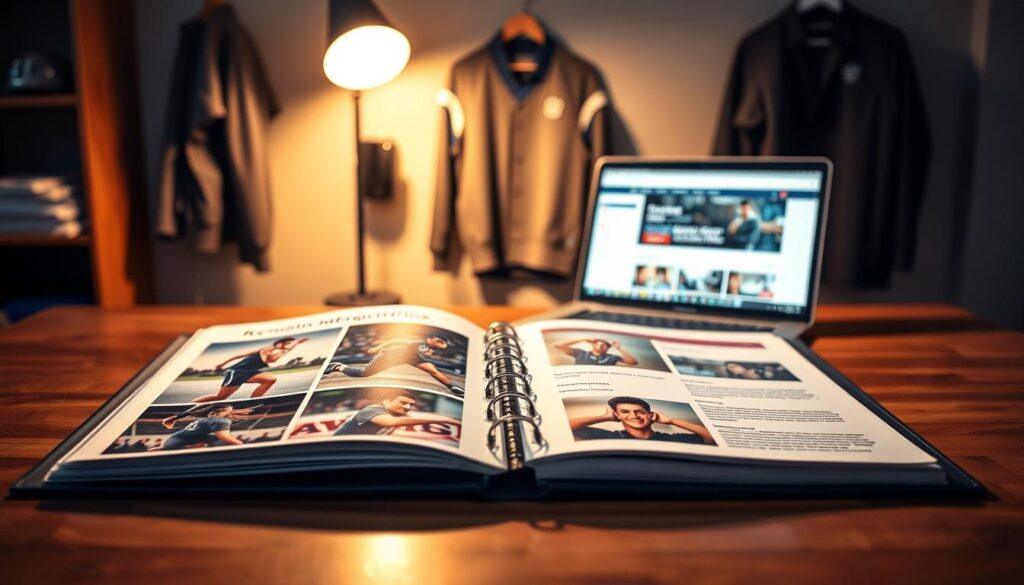 A high school athlete's recruiting portfolio displayed prominently on a wooden desk. In the foreground, a neatly organized portfolio binder with high-quality sports photos, including action shots of the athlete playing various sports, alongside academic achievements and testimonials. In the middle ground, a well-lit workspace featuring a laptop showing recruiting websites, professional sports attire hanging in the background, hinting at preparation for an interview. The lighting is warm and inviting, with soft shadows creating a focused atmosphere ideal for professionalism. The overall mood is one of ambition and dedication, capturing the essence of a student-athlete preparing for their future. The composition should convey clarity and organization, ensuring each element reflects the significance of creating a professional sports portfolio. A high school athlete's recruiting portfolio displayed prominently on a wooden desk. In the foreground, a neatly organized portfolio binder with high-quality sports photos, including action shots of the athlete playing various sports, alongside academic achievements and testimonials. In the middle ground, a well-lit workspace featuring a laptop showing recruiting websites, professional sports attire hanging in the background, hinting at preparation for an interview. The lighting is warm and inviting, with soft shadows creating a focused atmosphere ideal for professionalism. The overall mood is one of ambition and dedication, capturing the essence of a student-athlete preparing for their future. The composition should convey clarity and organization, ensuring each element reflects the significance of creating a professional sports portfolio.