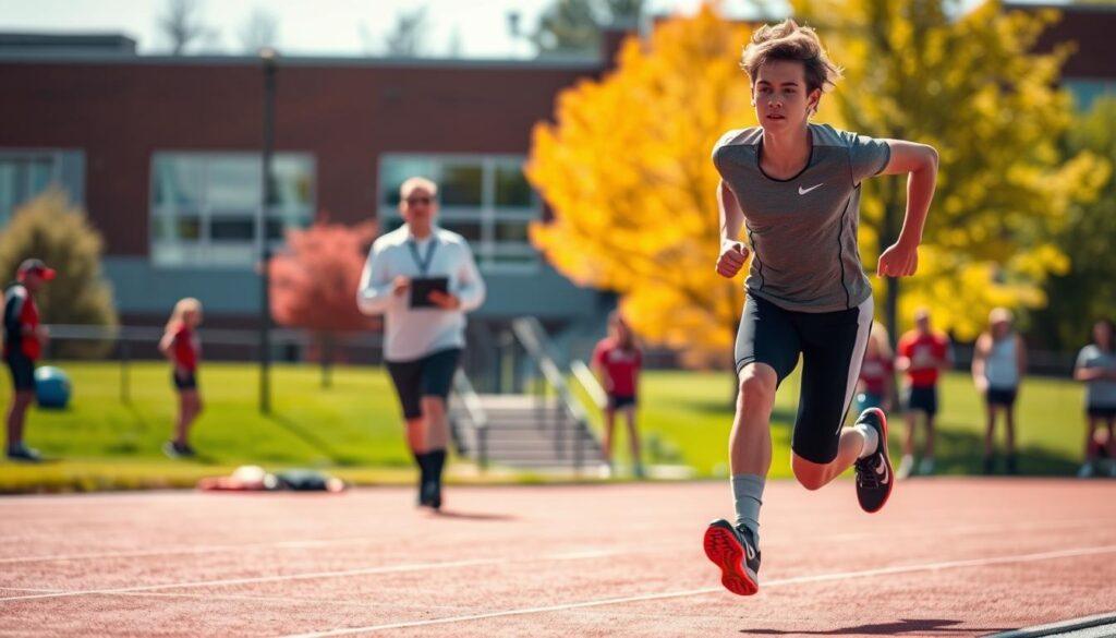 A professional high school athlete in action, caught mid-sprint on a bright, sunny day on a running track. In the foreground, the athlete wears a fitted athletic uniform, exuding determination and focus, while showcasing their physical prowess. In the middle ground, a coach observes thoughtfully, clipboard in hand, symbolizing the recruiting process as they analyze the athlete's performance. In the background, blurred figures of other athletes practice in a vibrant campus setting, highlighting a sense of community and teamwork. The lighting is warm and inviting, with a shallow depth of field to emphasize the athlete, creating a motivational and engaging atmosphere that reflects ambition and opportunity in college recruiting. A professional high school athlete in action, caught mid-sprint on a bright, sunny day on a running track. In the foreground, the athlete wears a fitted athletic uniform, exuding determination and focus, while showcasing their physical prowess. In the middle ground, a coach observes thoughtfully, clipboard in hand, symbolizing the recruiting process as they analyze the athlete's performance. In the background, blurred figures of other athletes practice in a vibrant campus setting, highlighting a sense of community and teamwork. The lighting is warm and inviting, with a shallow depth of field to emphasize the athlete, creating a motivational and engaging atmosphere that reflects ambition and opportunity in college recruiting.
