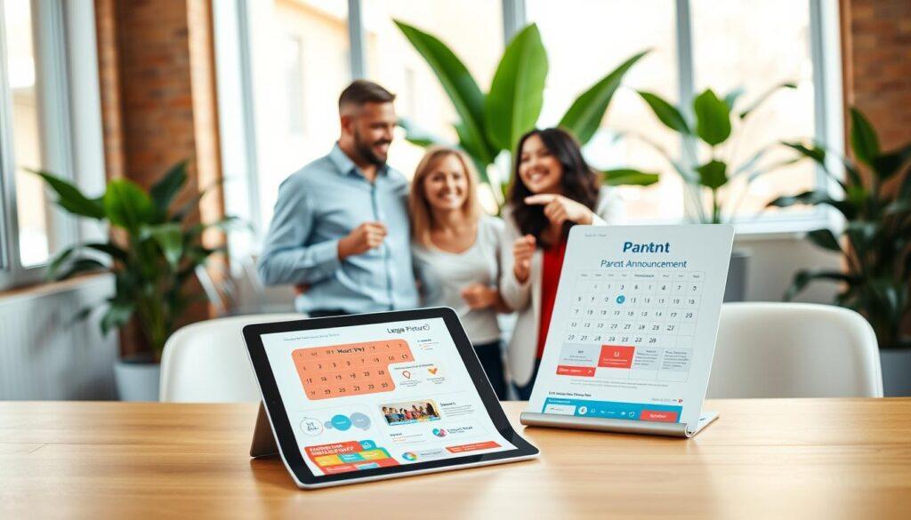 A warm, inviting office setting with a large, stylish desk in the foreground. On the desk, a beautifully designed parent announcement letter sits prominently, featuring colorful graphics and a family-friendly layout. Beside it, a cheerful digital tablet displaying a calendar marked with League Picture Day. In the middle layer, a couple of smiling parents, dressed in smart casual attire, are engaged in a discussion while pointing at the letter, conveying enthusiasm and collaboration. The background features a bright window that lets in soft, natural light, creating an uplifting atmosphere. Lush green plants are placed strategically to enhance the setting's freshness. The overall mood is one of community spirit and proactive communication, reflecting the essence of crafting the initial announcement effectively.