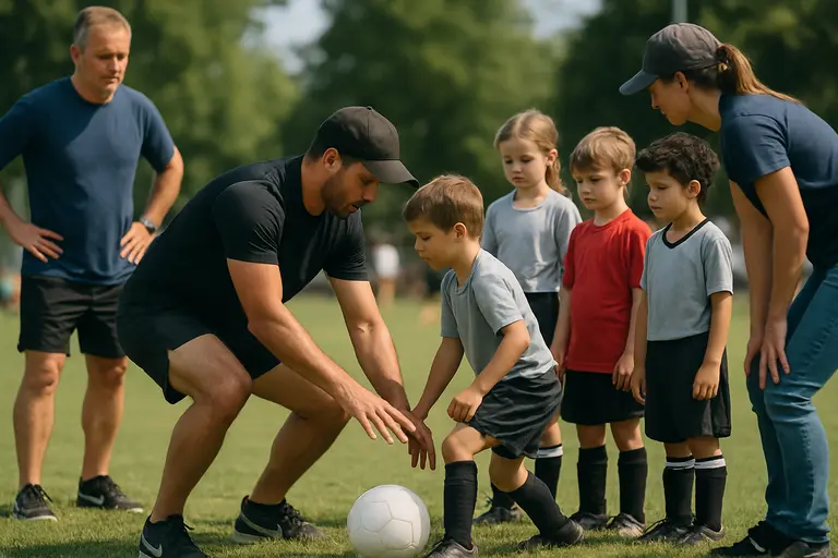 A volunteer coach talks with young athletes during a practice break