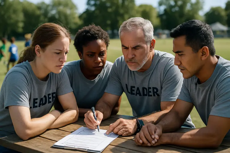 Club board members reviewing paperwork at a table near an indoor gym