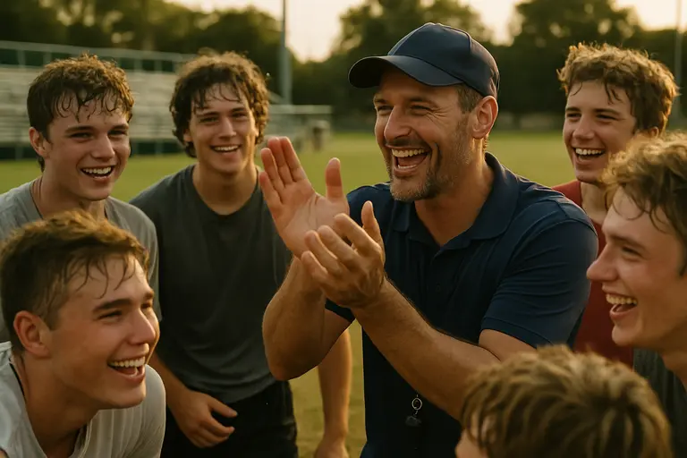 Coach speaking calmly with a youth team in a sideline huddle