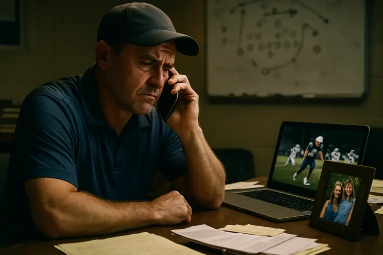 Coach speaking with parents beside bleachers after a high school practice