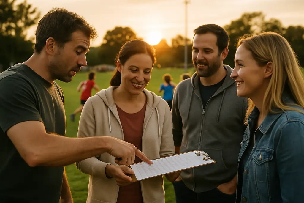 Parents and coaches planning local sports tournaments beside a youth soccer field