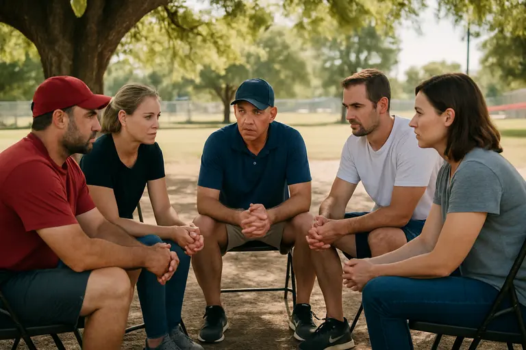 Youth sports coach and parents seated in a small group discussion