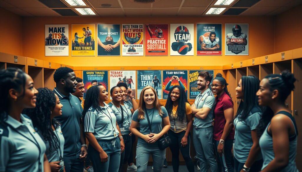 A vibrant locker room scene featuring motivational team posters on the walls. In the foreground, a diverse group of athletes in professional sports attire stands together, smiling and engaging in lively conversation. The middle ground showcases a collage of inspirational posters with vivid colors and images of teamwork, unity, and triumph, emphasizing the spirit of collaboration. The background reveals lockers and sports equipment, subtly illuminated by warm overhead lighting creating an energetic and uplifting atmosphere. The camera angle is slightly elevated, capturing both the camaraderie among the players and the motivational messages on the walls, showcasing the importance of team spirit through visual imagery. A vibrant locker room scene featuring motivational team posters on the walls. In the foreground, a diverse group of athletes in professional sports attire stands together, smiling and engaging in lively conversation. The middle ground showcases a collage of inspirational posters with vivid colors and images of teamwork, unity, and triumph, emphasizing the spirit of collaboration. The background reveals lockers and sports equipment, subtly illuminated by warm overhead lighting creating an energetic and uplifting atmosphere. The camera angle is slightly elevated, capturing both the camaraderie among the players and the motivational messages on the walls, showcasing the importance of team spirit through visual imagery.