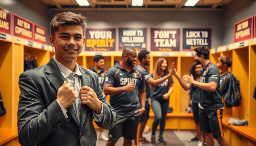 A vibrant, motivating scene in a modern sports locker room, highlighting the psychological impact of looking like a professional. In the foreground, a young athlete adjusting their crisp, tailored sports uniform with a look of determination and confidence. In the middle ground, teammates engage in supportive interactions, smiling and giving encouraging high-fives while wearing matching professional sports gear. The background features team banners and motivational posters that emphasize teamwork and spirit, illuminated by warm, soft lighting that creates an uplifting atmosphere. Use a slightly low-angle perspective to enhance the sense of empowerment and professionalism, capturing the essence of camaraderie and aspiration in a well-organized, dynamic space. A vibrant, motivating scene in a modern sports locker room, highlighting the psychological impact of looking like a professional. In the foreground, a young athlete adjusting their crisp, tailored sports uniform with a look of determination and confidence. In the middle ground, teammates engage in supportive interactions, smiling and giving encouraging high-fives while wearing matching professional sports gear. The background features team banners and motivational posters that emphasize teamwork and spirit, illuminated by warm, soft lighting that creates an uplifting atmosphere. Use a slightly low-angle perspective to enhance the sense of empowerment and professionalism, capturing the essence of camaraderie and aspiration in a well-organized, dynamic space.